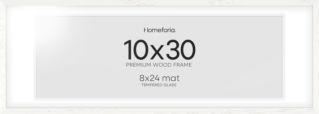 Homeforia 10x30 White Picture Frame, High End Oak 10x30 Wood Poster Frames with Mat 8x24 Print, 10 x 30 White Wooden Frames Matted to 8 by 24, 30x10 Panoramic Frame, Tempered Glass, Wall Kit, Set of 1