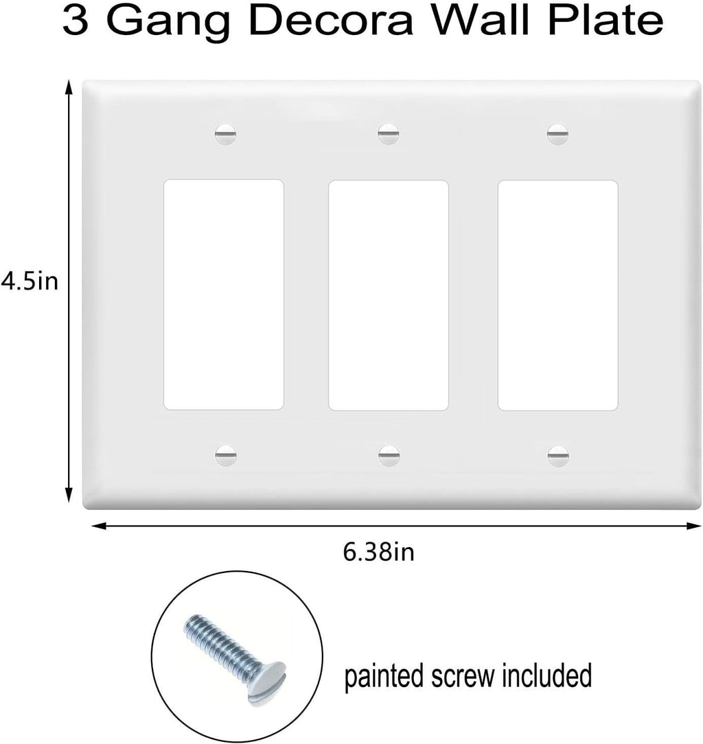 Decorator Wall Plates 3-Gang Switch Outlet Electrical Cover Plate Unbreakable Thermoplastic Faceplate for Light Receptacle Outlet Switch, White (6 Pack)