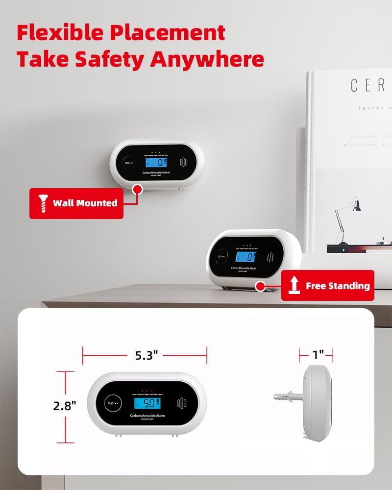 10-Year Battery Carbon Monoxide Detector, Portable Travel CO Detector Alarm for Home, Garage, RV, Camping, LCD Display with Backlight, V-0 Flame-Retardant Housing, Wall Mount or Tabletop