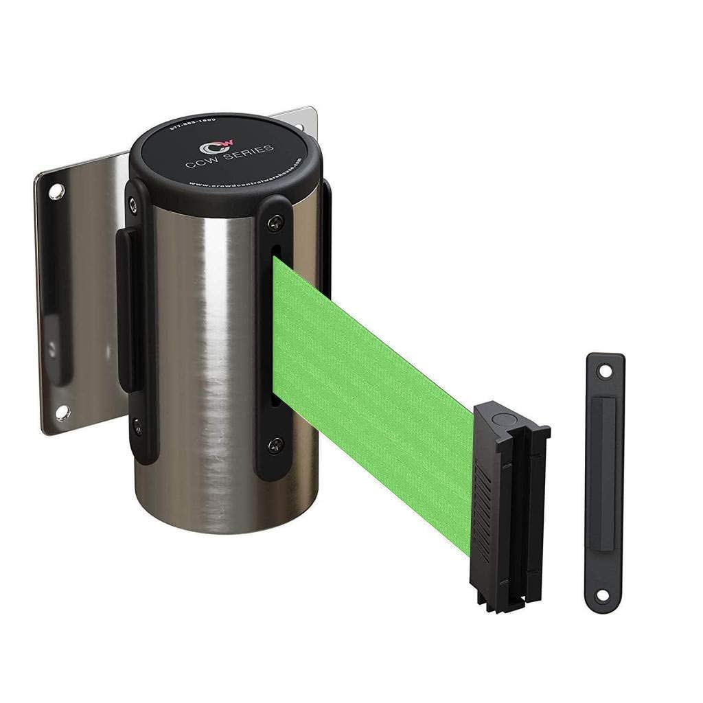 Crowd Control Warehouse - CCW Series WMB-120 Fixed Wall Mount Retractable Belt Barrier - 11 Foot, Light Green Belt with Stainless Steel Case