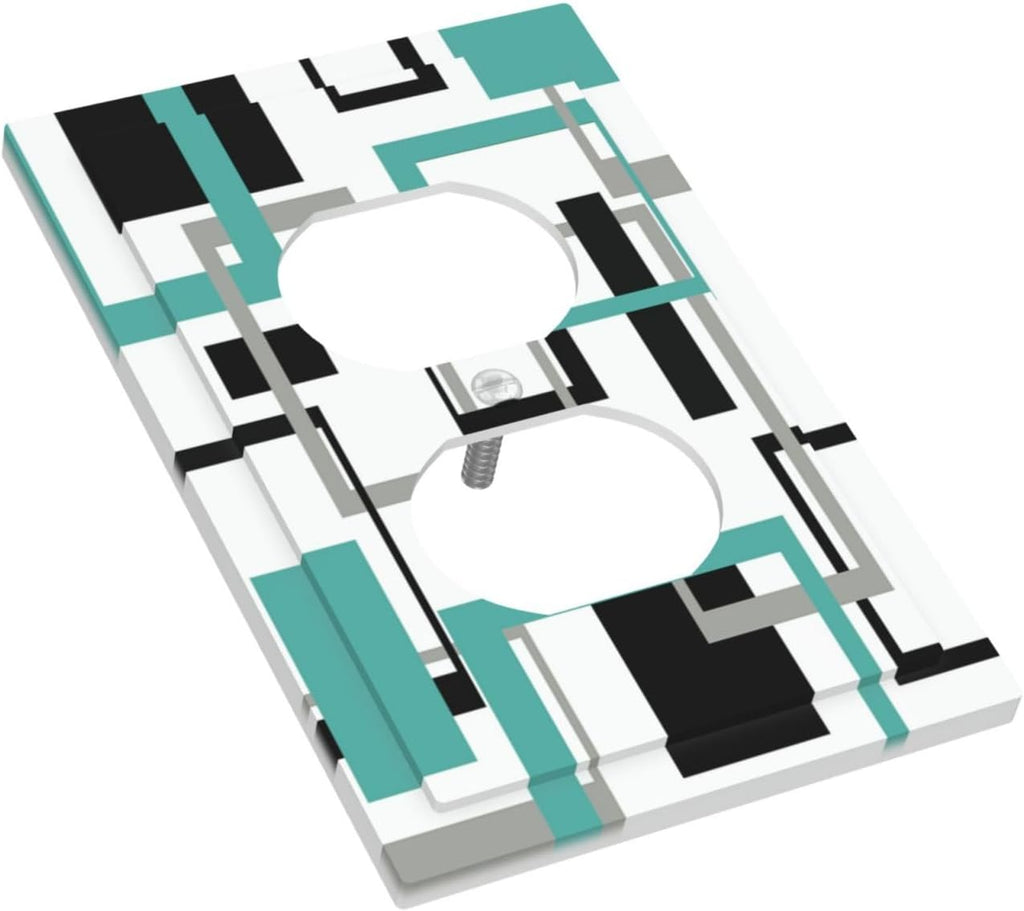 Geometric Turquoise Black Gray Modern Abstract Boho Outlet Covers 1 Gang Duplex Light Switch Cover Decorative Switch Plates Electrical Receptacle Faceplate Wall Plate for Office Nursery Decor