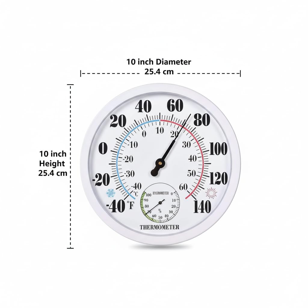 Outdoor Thermometer Hygrometer, 10 Inch Round Large White Gauge with Easy to Read Face, Waterproof Wall Mount for Patio, Garden, Garage, Home Outside Temperature and Humidity Monitor