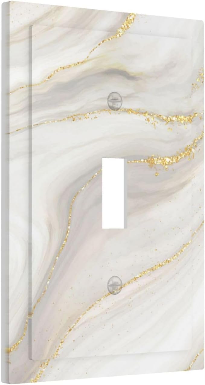 White Grey Gold Marble Simple Tiles Decorative Light Switch Cover 1 Gang Single Toggle Device Electrical Faceplate Switchplates Decorator Outlet Wall Plate for Bathroom Kitchen Decor