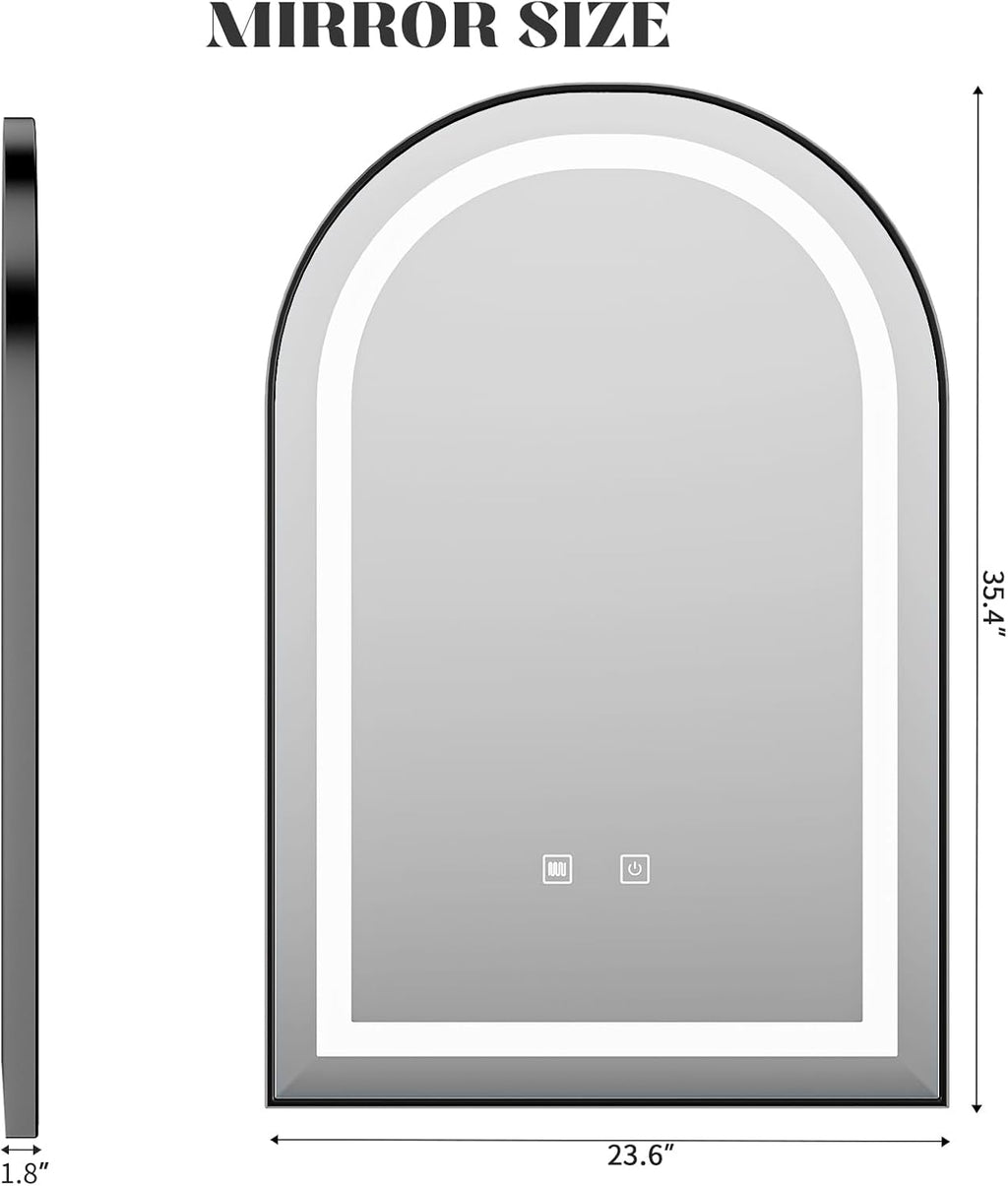 LED Bathroom Mirrors with Lights,24"x36"Black Arched Mirror for Bathroom,Fogless,3 Colors Dimmable,Anti-Fog,Wall Mounted Lighted Vanity Mirror,Black