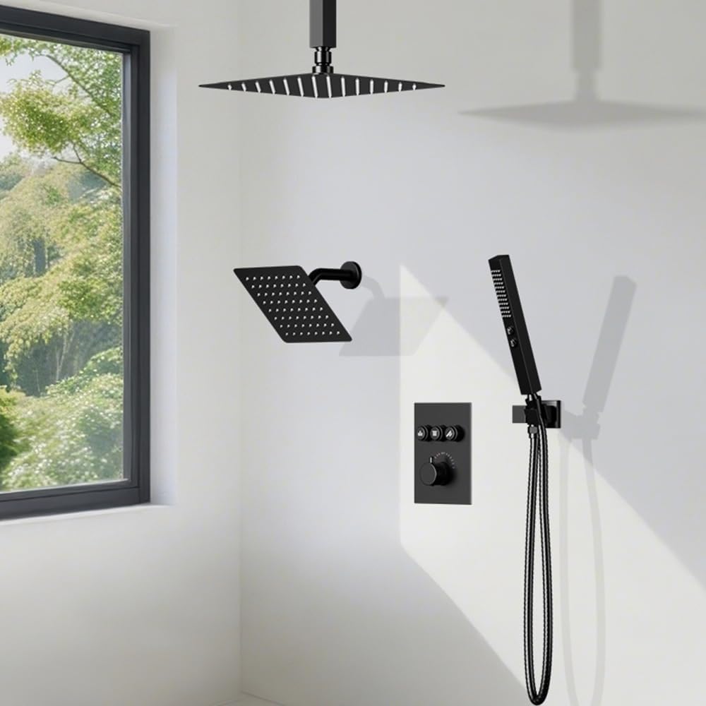 Thermostatic Shower Systems Matte Black Shower Faucets Sets, STARBATH 12+ 8" Wall Mount Rain Shower and 2 in 1 Handhled, Can Use All at Once, Push Button 3 Modes Valve and Trim Kit Complete Shower Set