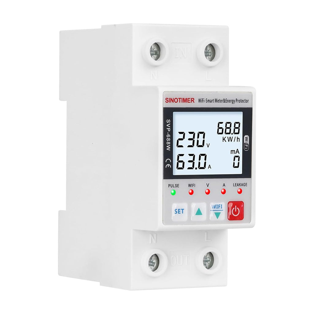 WiFi Smart Energy Meter AC 63A 80-300V WiFi Earth Leakage Over Under Voltage Protector Circuit Breaker Din Rail Electricity Energy Monitor APP Remote Control Smart Life 230V (LCD)