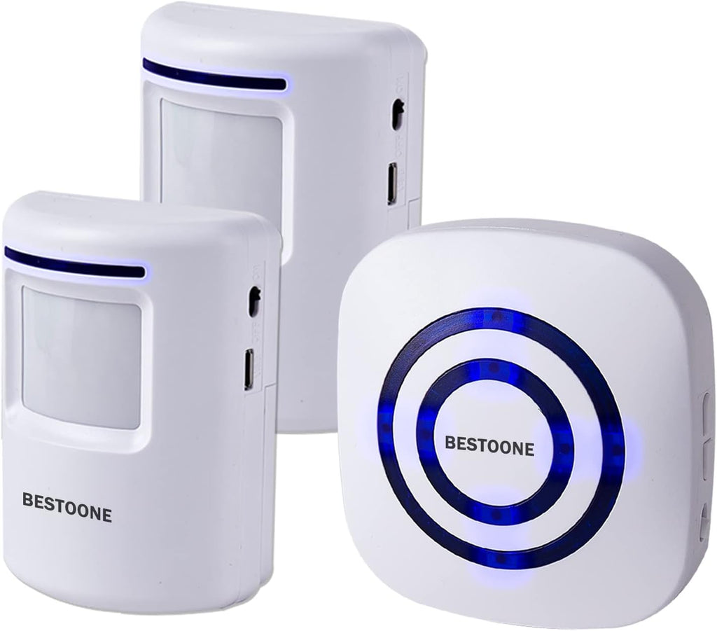 Motion Sensor Alarm, Long Range Wireless Driveway Alarm, Indoor Home Security System Electric Doorbells, 2 Motion Detector and 1 Alarm, 38 Chime Tunes, LED Indicator