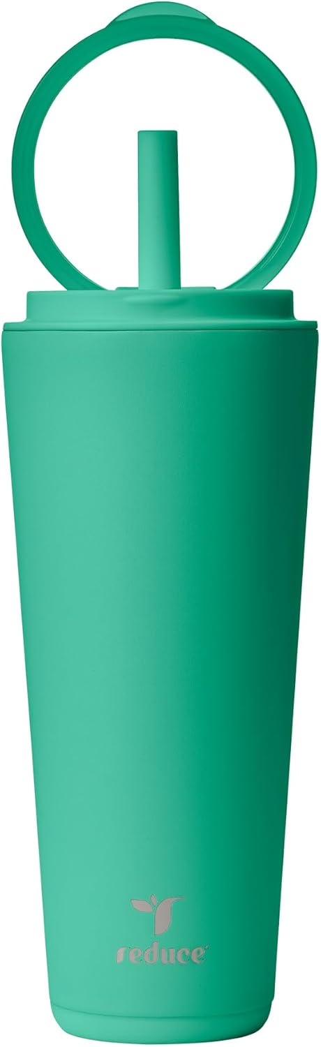 REDUCE Halo 32 oz Stainless Steel Vacuum Insulated Tumbler - Spill Proof Travel Mug with Flip Handle Lid - Keeps Drinks Cold for 32 Hrs - Dishwasher Safe - Cupholder Friendly - Palm Leaf