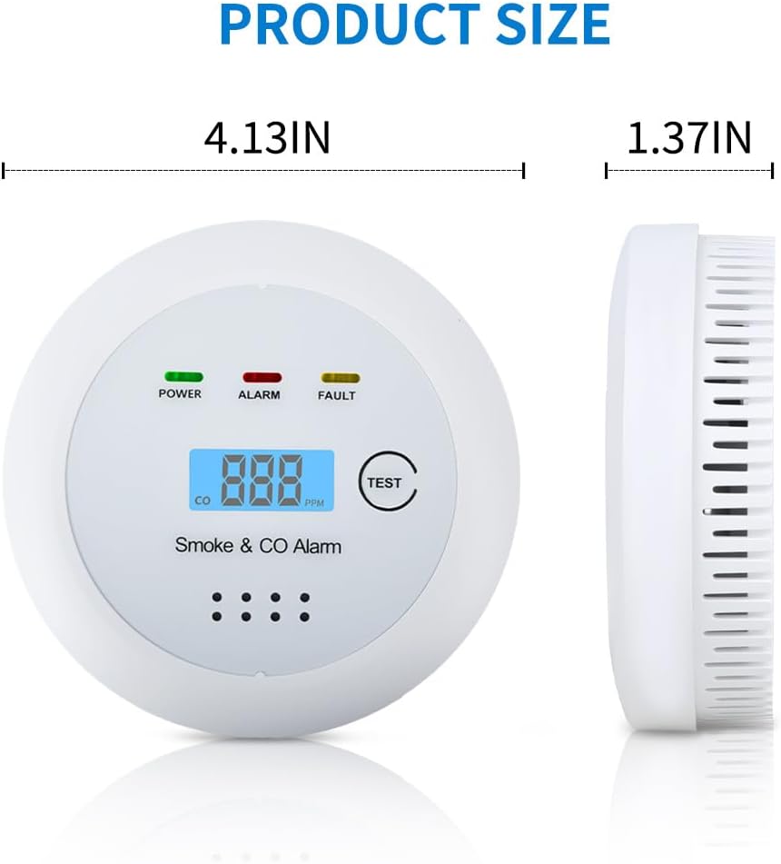 2 in1 Smoke Detector Carbon Monoxide Detector Combo,with LCD Digital Display and Sound Warning Test Button，Battery Powered，Easy Installation, for Home, Bedroom, Kitchen (1PACK)