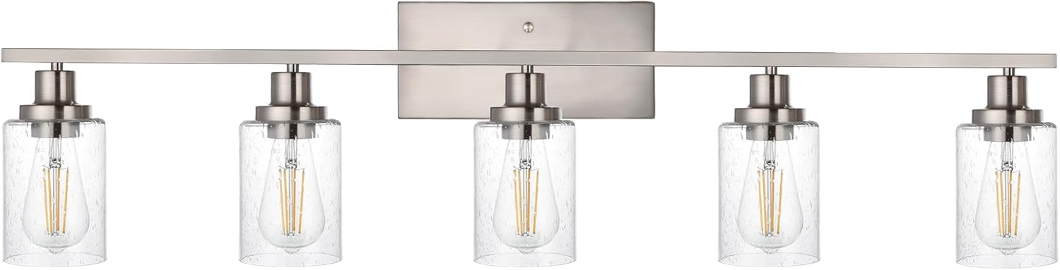 40-Inches Length Bathroom Vanity Lighting Fixtures Over Mirror in Brushed Nickel, 5-Lights Industrial Sconce Wall Lamp with Seeded Glass Shades