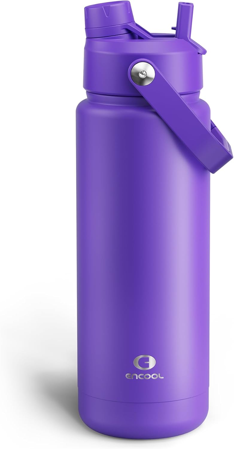 ENCOOL Insulated Water Bottle with Straw Stainless Steel Water Bottle, Leak-Proof, BPA-Free, Double Wall Vacuum Keeps Cold for 24 Hours for Sports, Travel, School (32 oz, Violet)