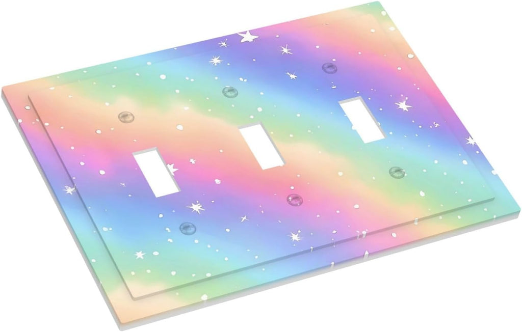 Decorative Light Switch Cover Plate Pink Blue Purple Iridescent Rainbow 3 Gang Wall Plates for Electrical Outlets Triple Toggle Switch Plate Covers Outlet Covers Faceplate for Bedroom Decor