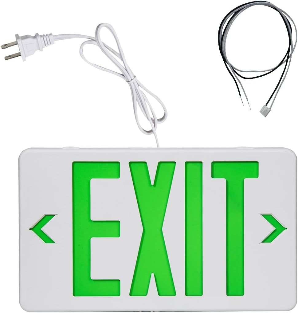 TANLUX Green Corded Exit Sign with 1.0 Meter Plug in Cord, Plug in Exit Sign with Battery Backup Lights for Business, Commerical Emergency Lighting, UL Listed, AC 120/277V, Double Face