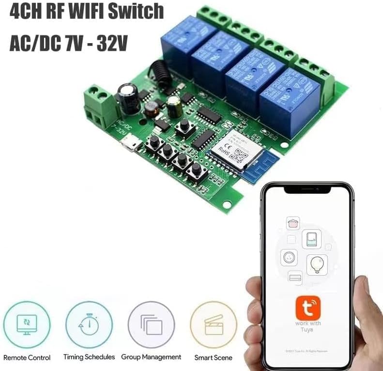 Tuya 4 Channel Updated USB 5V/DC/AC 7-32V, Momentary Inching Self-Locking Relay Module,Tuya App Remote Control,WiFi RF Bluetooth Switch Module,Dry Contact,Compatible with Alexa Goolge Home
