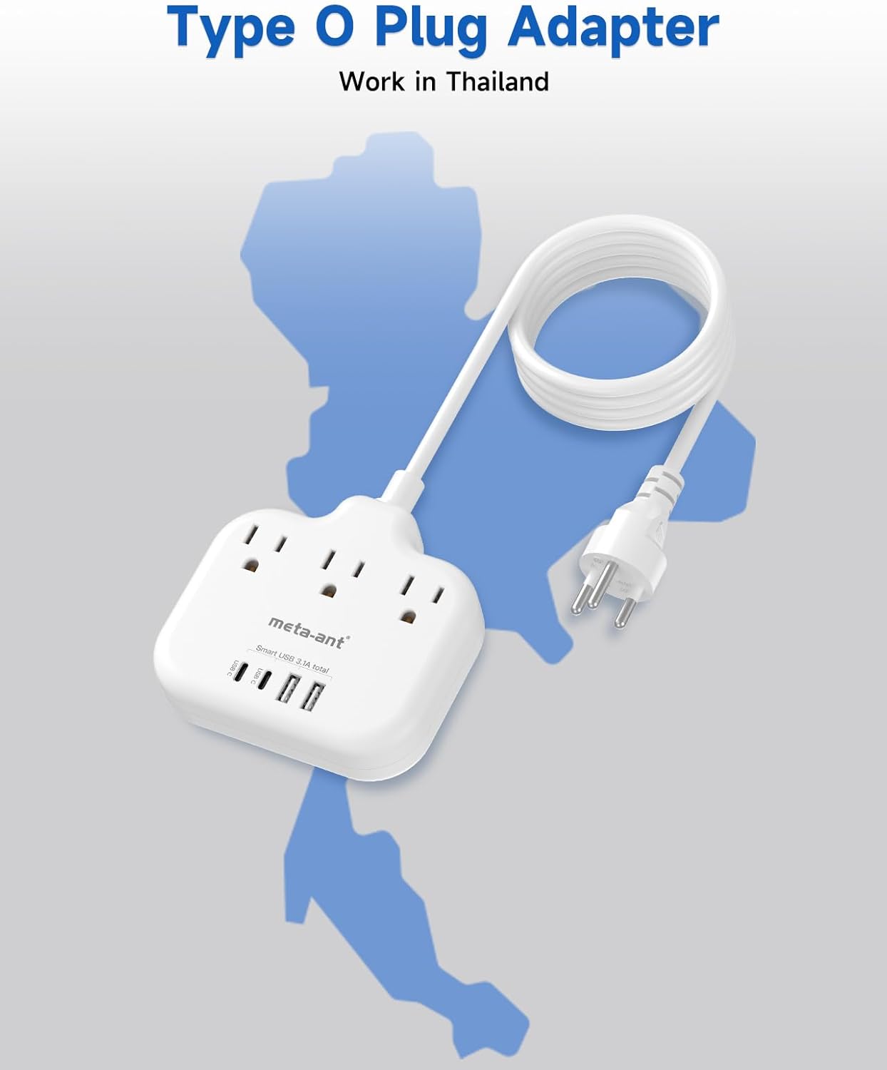 Thailand Power Adapter with 4FT Extension Cord, meta-ant Thailand Plug Adapter with 3 American Outlets 4 USB Ports(2 USB-C), Type O Adapter for US to Thailand