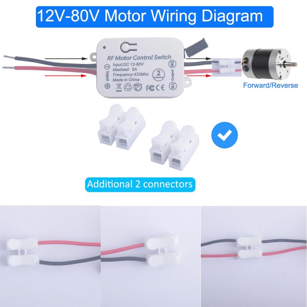 12V 24V 36V 48V DC Motor Remote Control Switch, 12V-80V 5A Wireless Relay Switches Receiver Controller with 2 Transmitters, Remote Controls Motor Move Forward and Reverse (DC 12V-80V/2* Controller)