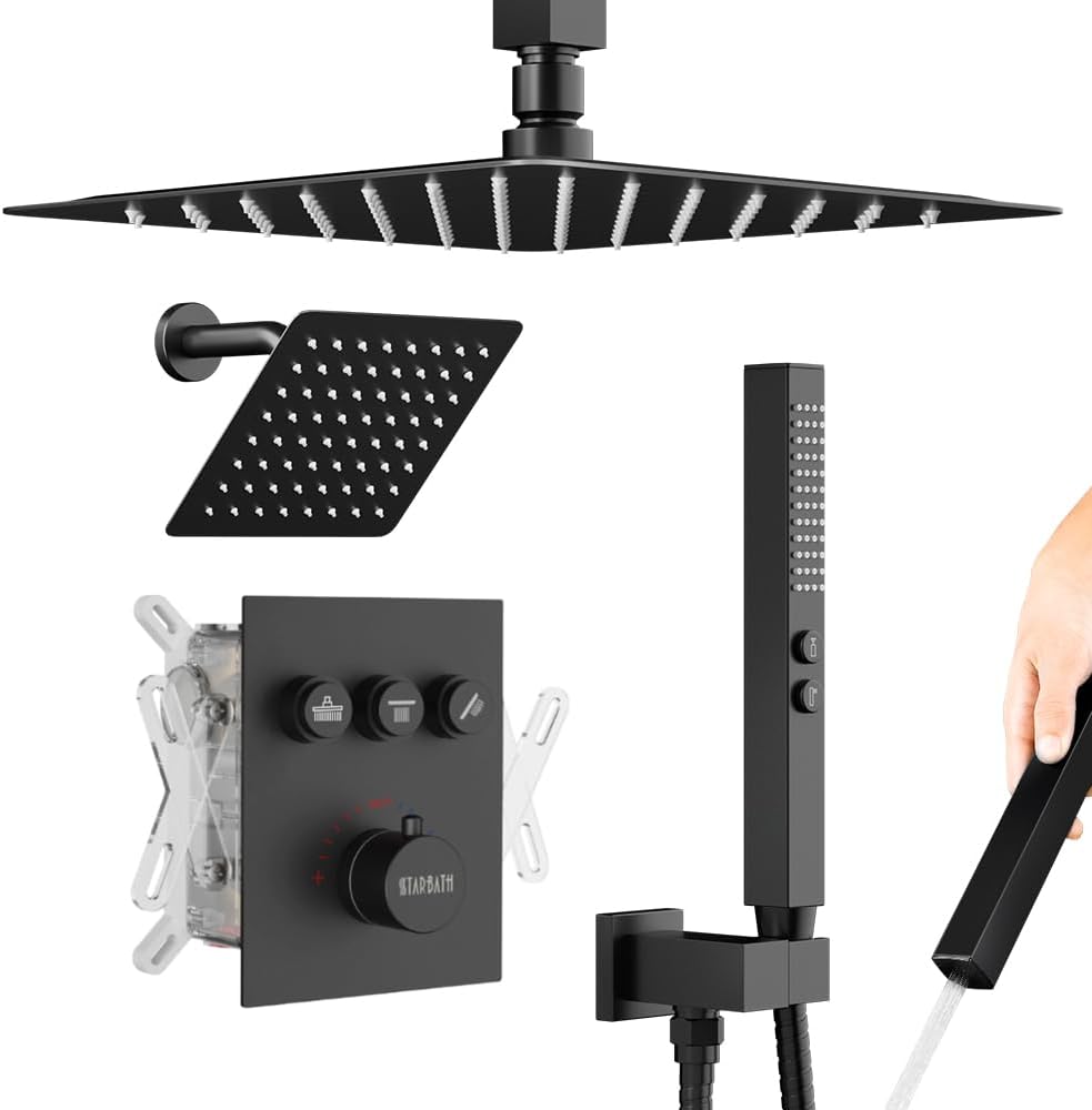 Thermostatic Shower System Matte Black Push Button Shower Faucet Set,12" Ceiling Rainfall and 6" Wall Mount Rain Shower with 2 in 1 Handhled, Can Use All at Once, Shower Set with Valve and Trim Kit