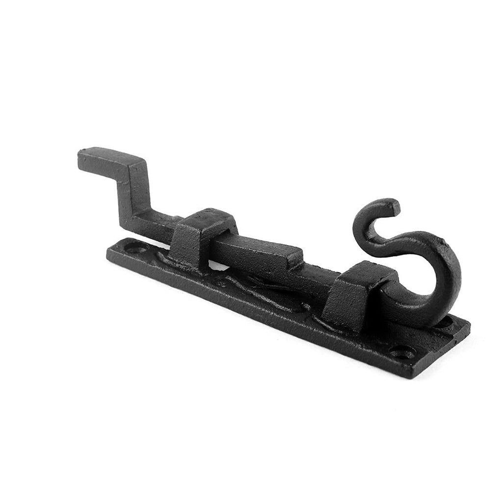 Renovators Supply Manufacturing Door Lock Latch 5 in. Black Wrought Iron Pig Tail Tip Styled Necked Offset Slide Bolt Latch with Mounting Hardware