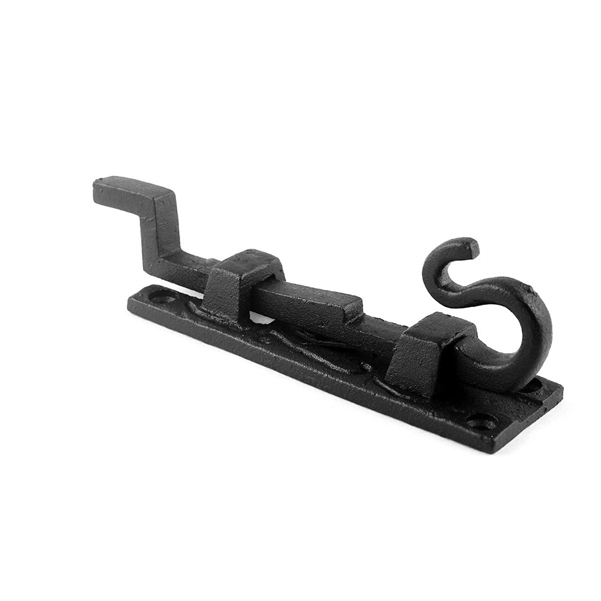 Renovators Supply Manufacturing Door Lock Latch 5 in. Black Wrought Iron Pig Tail Tip Styled Necked Offset Slide Bolt Latch with Mounting Hardware