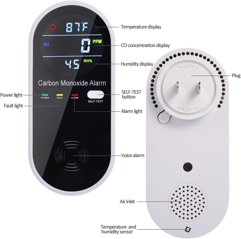 3 in 1 Carbon Monoxide Detector, KH Alert Portable Carbon Monoxide Detectors for Travel, Plug in Carbon Monoxide Detector with Temperature Humidity Sensor Built-in, Easy to Read & Install