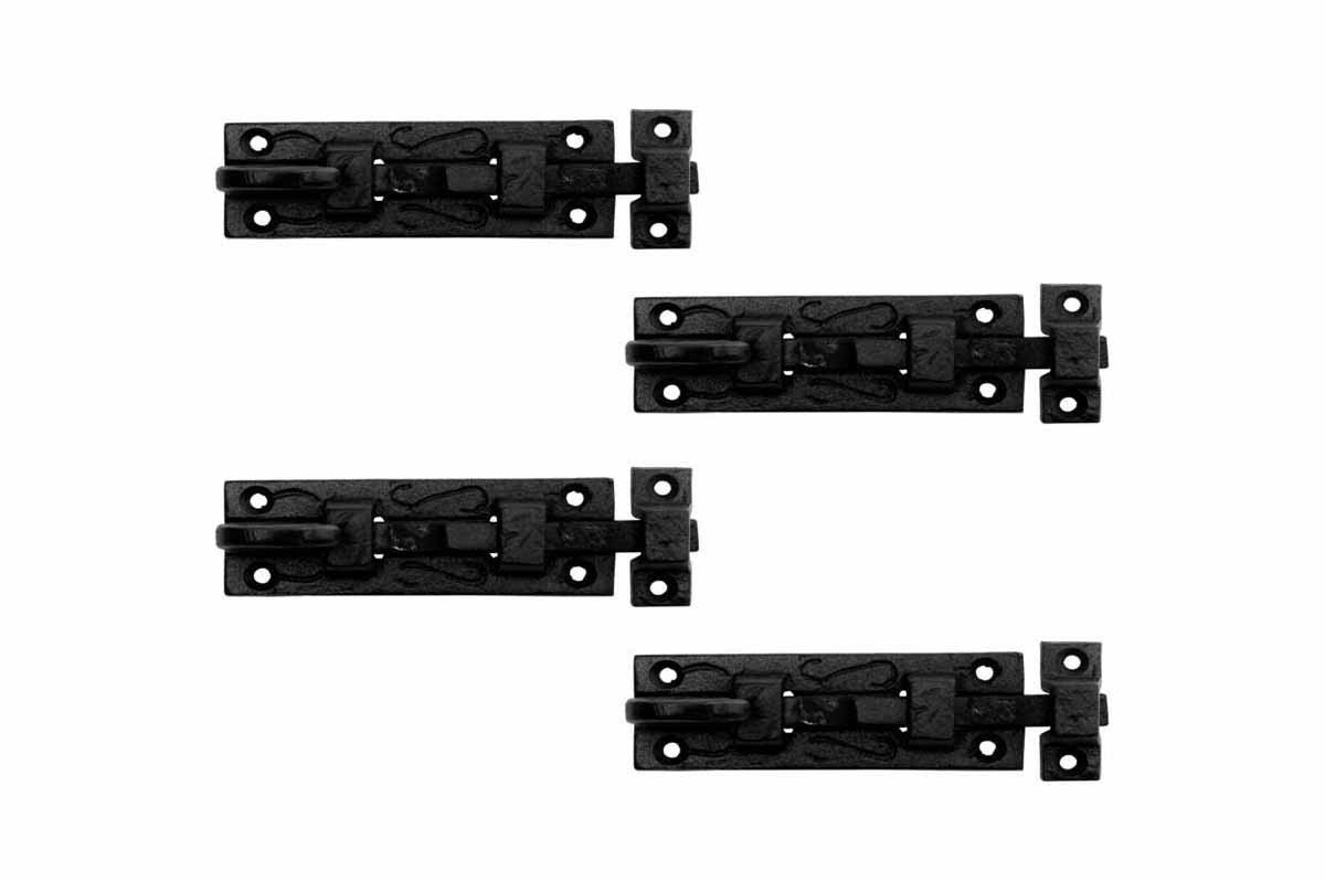 Renovators Supply Manufacturing Black Slide Bolt Door Latch 3 7/8 in. Long Wrought Iron Metal Surface Sliding Bolts with Catch for Cabinet Doors Rust Resistant Security Locks with Hardware Pack of 4