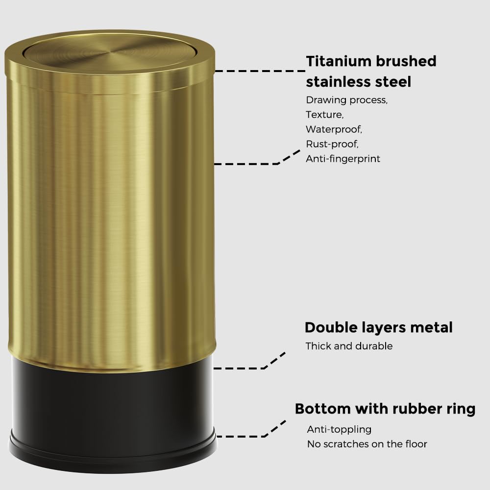 9 Liter/2.4 Gallon, Gold Trash can with Swing lid, Brass Small Trash can, Gold Trash Bin with Lid for Office, Living Room,Bathroom，Restaurant Bathroom
