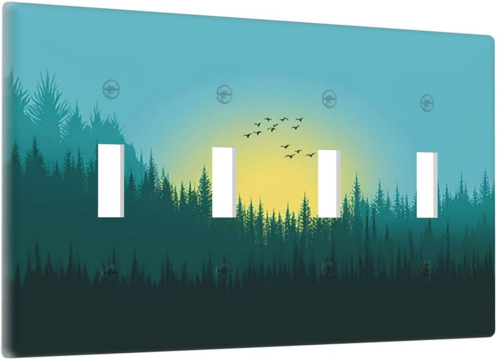 Green Forests And Birds Sun Woodland Light Switch Covers Quad Toggle 4 Gang Wall Plate Decorative Switch Plates Electrical Faceplate for Bedroom Bathroom Decor
