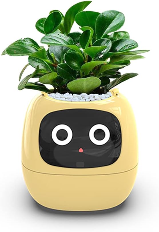 Intelligent flower pot, electronic bud, maintenance plant assistant, fun interactive flower pot, indoor green planting monitoring, LCD screen display, cell phone APP connection (Yellow)