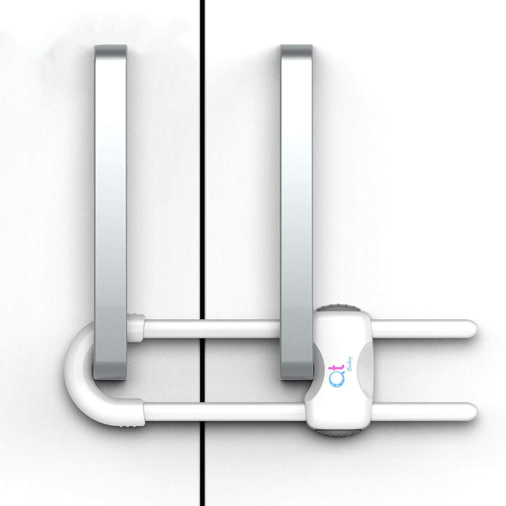 Baby Proofing Cabinet Locks | Adjustable U Shaped Baby Safety Latches for Drawers, Fridge, Closet |Modern Baby Proofing Cabinet Lock with Extra Secure Lock Buttons (Pack of 2, White)