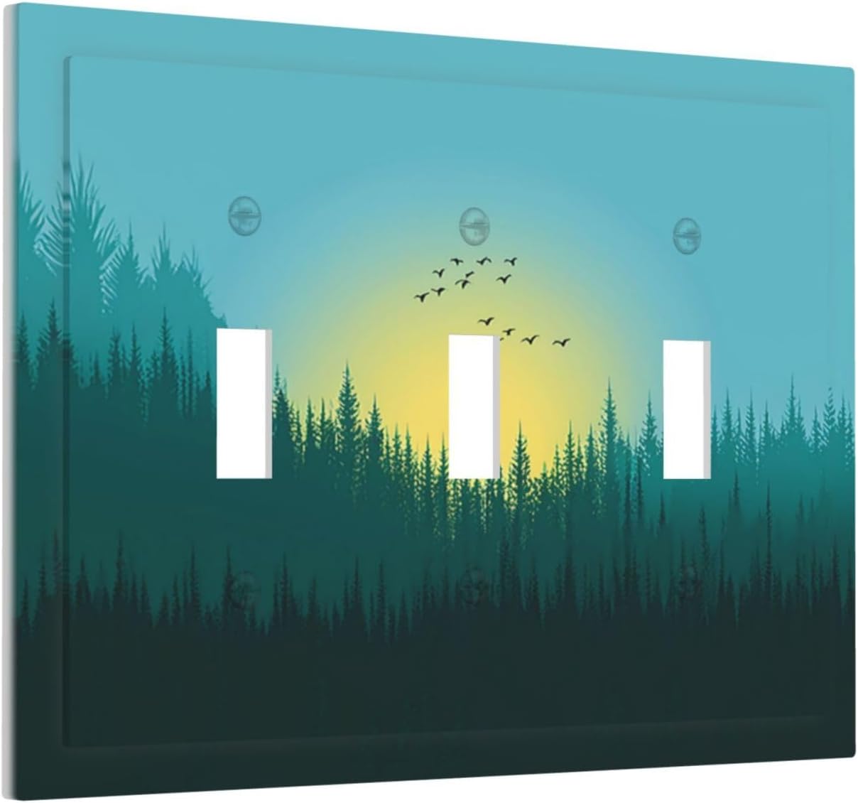 Green Forests And Birds Sun Woodland Decorative Switch Plates 3 Gang Wall Plate Triple Toggle Light Switch Cover Electrical Wall Panels Faceplate for Bedroom Bathroom Decor