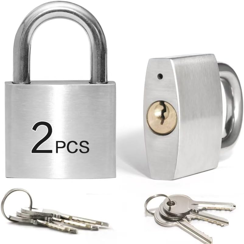 LanuBe 304 Stainless Steel Keyed Alike Padlocks for Outdoor use, Pin Tumbler Padlock, 2 inch Wide Body, Stainless Steel Body Normal Shackle, Pack of 2