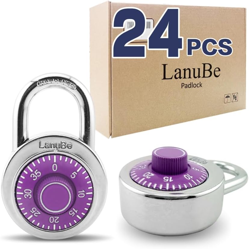 LanuBe Standard Dial Combination Lock, 2 inches. Wide, with Different Combinations, Purple Turnplate, Pack of 24; Lock for School, Employee, Gym Sports Locker, Case, Toolbox