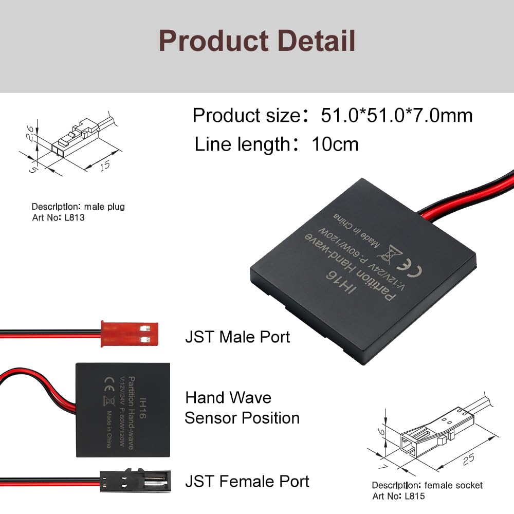 VST Sensor Switch, Hidden Hand Wave Activated Led Light Switch for Closet Lights, Under Cabinet Lighting, with 12V JST Male and Female Connectors（DC 12/24V 3A