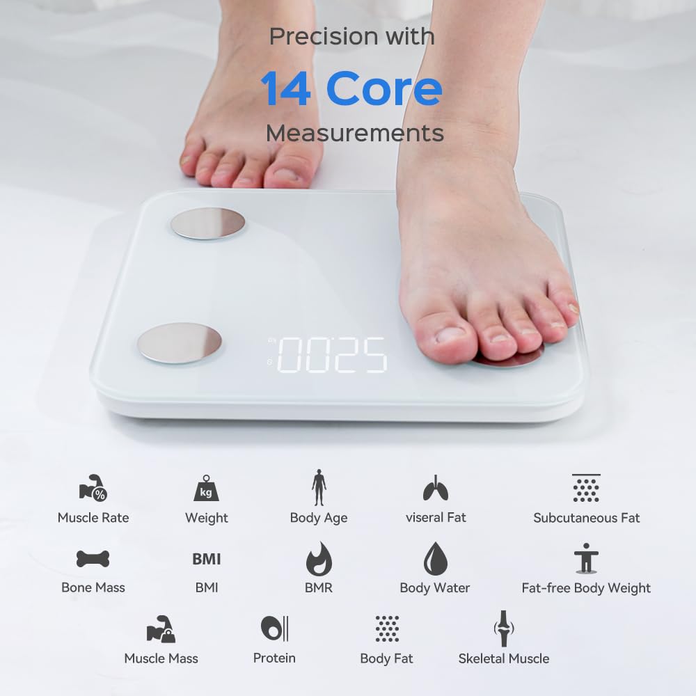 Smart Scale for Body Weight, Digital Bathroom Scale for Weight Fat BMI Muscle Mass Body Composition Analyzer, Larger Platform, Bluetooth Highly Accurate Weighing Machine 400lb (White 2403)