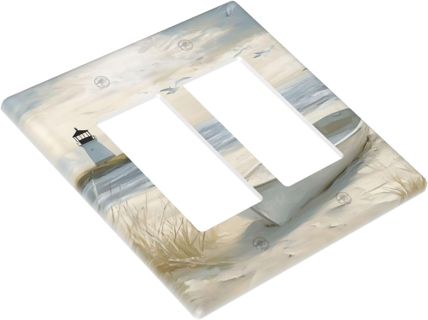 Decorative Outlet Covers Seascape Painting with Lighthouse Boats 2 Gang Wall Plate Double Rocker Light Switch Cover Double Switch Plate Cover for Bedroom Home Decor（2 Pack）