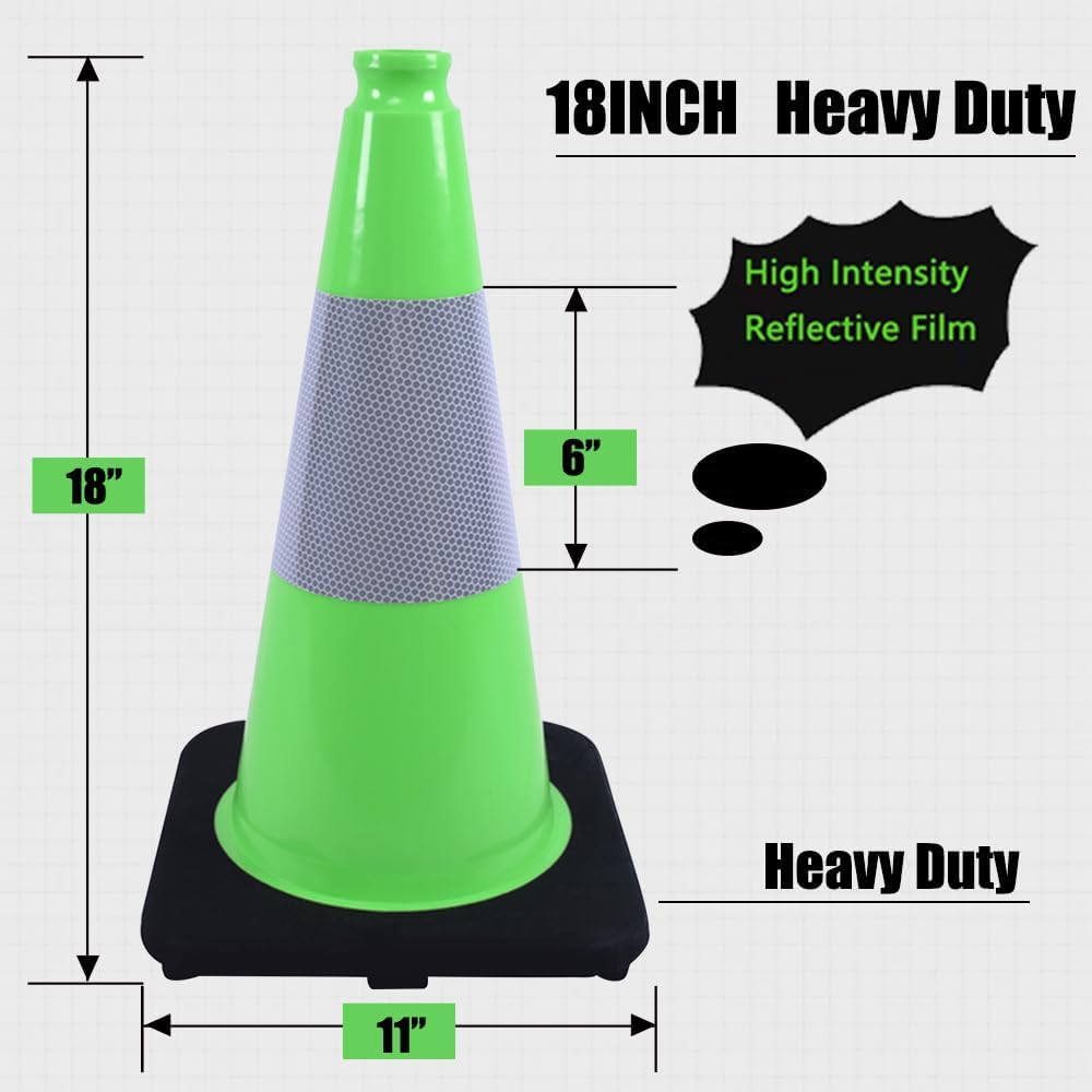 BESEA 18 Inch Fluorescent Green Traffic Cones with 6" Reflective Collar, High Visibility Safety Cones for Road, Parking, Construction, Sports Training (4 Pack)