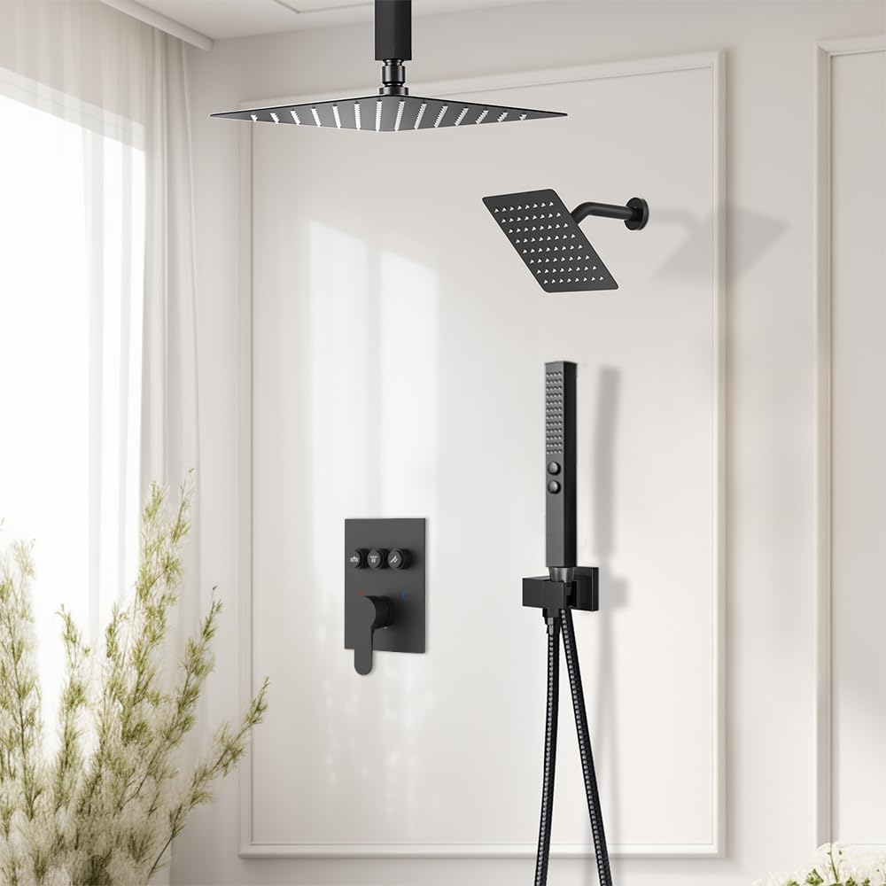 Shower Faucet Sets Shower System, 2 Head Shower System Rain Showerhead for Two People, Ceiling Mount Shower Fixtures with On Off Button Valve Body and Trim Kit Complete, 10+6" Matte Black