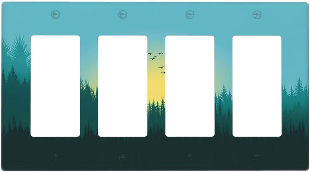 Green Forests And Birds Sun Woodland Wallplates 4 Gang Quad Rocker Decorative Light Switch Covers Electrical GFCI Faceplate Switch Plate for Bedroom Bathroom Decor