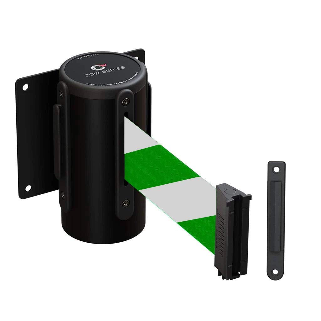 Crowd Control Warehouse - CCW Series WMB-120 Fixed Wall Mount Retractable Belt Barrier - 11 Foot, Green & White Diagonal Stripes Belt with Black Steel Case