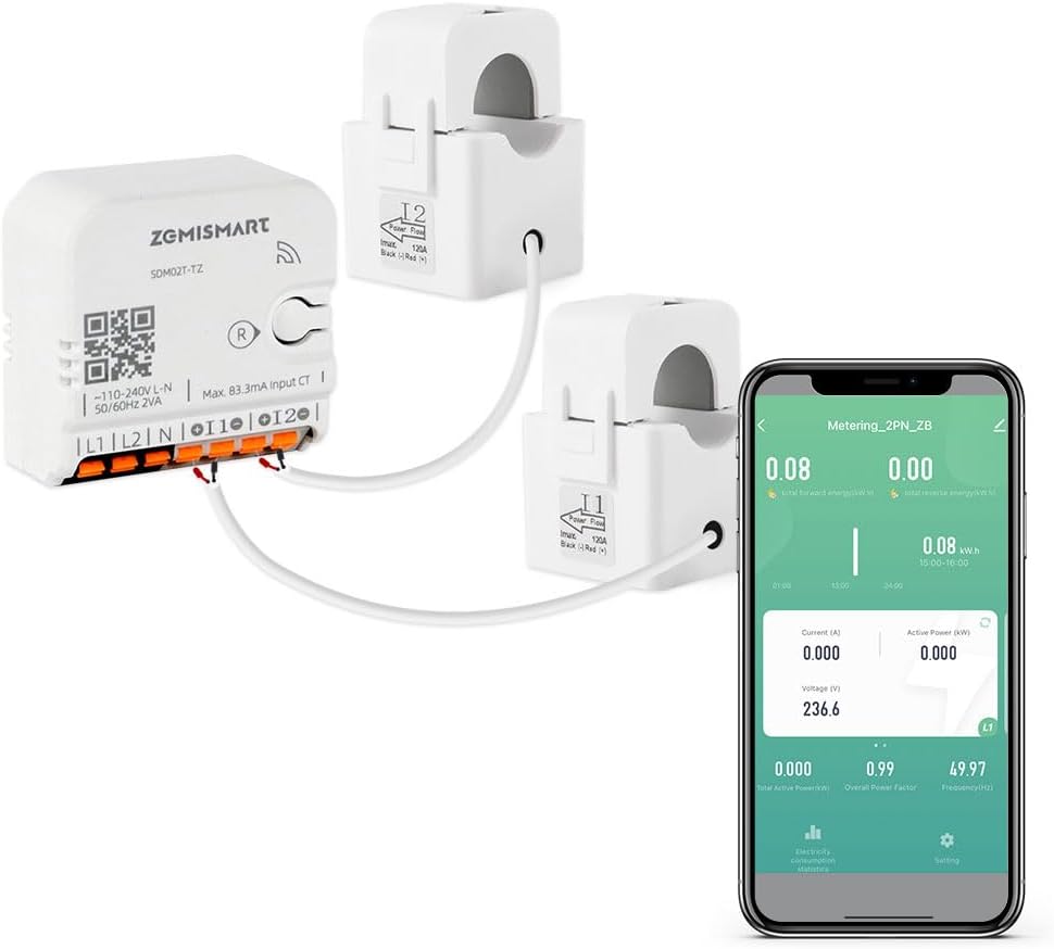 Smart Home Energy Monitor with 2 x 120A CTs, Live Electricity Usage Tracking, Supports Single-Phase 3-Wire System, Works with Home Assistant & Zigbee2MQTT (Zigbee Version)