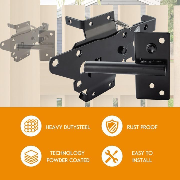 HOME MASTER HARDWARE Heavy Duty Self-Locking Gate Latch for Wooden Fence, Post Mount Automatic Gate Lock, Fence Gate Latch for Pool/Outdoor Garden/Vinyl, Black Finish