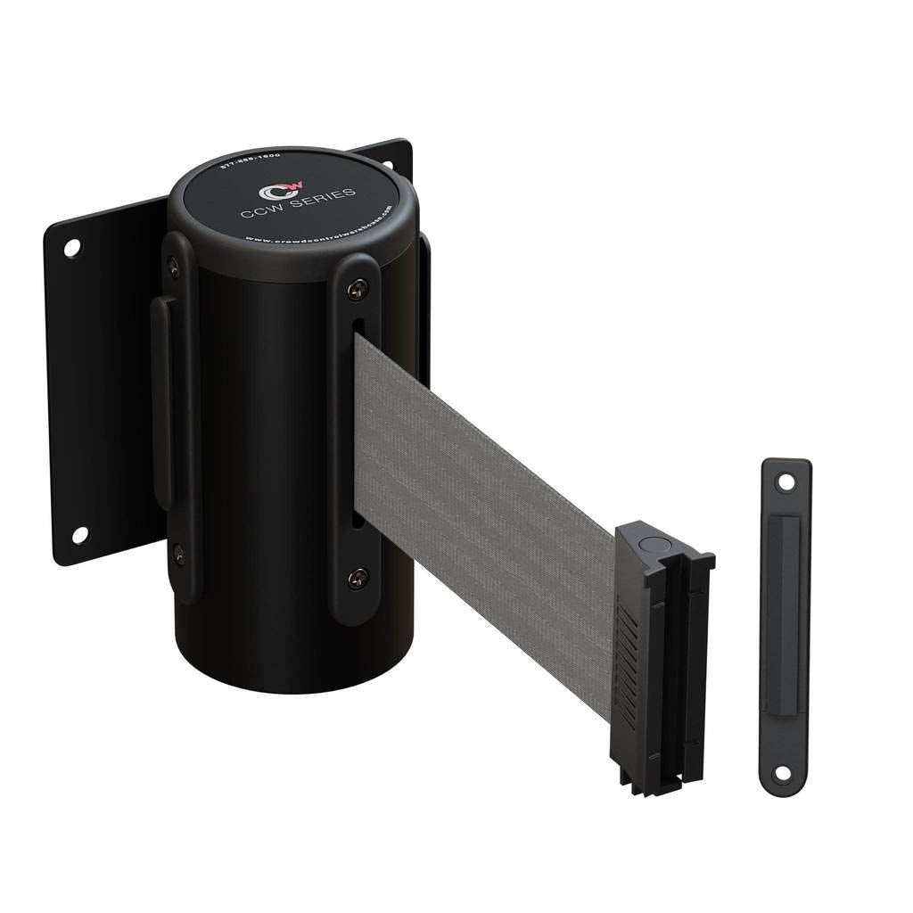 Crowd Control Warehouse - CCW Series WMB-120 Fixed Wall Mount Retractable Belt Barrier - 11 Foot, Light Grey Belt with Black Steel Case