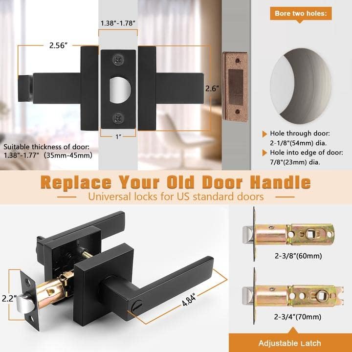 Probrico Interior Black Door Handle, Heavy Duty, Flat Square Privacy Door Handles, Keyless Door Levers Lockset for Bedroom and Bathroom (8 Pack, Modern)
