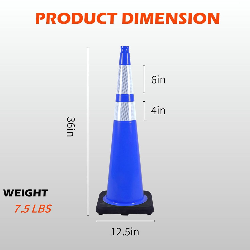 8 Pack 36 Inch Blue Traffic Cones with Reflective Tape, Heavy Duty Black Base Safety Cones for Airports, Warehouses and Large Event Spaces (8, Blue, 36 Inch)