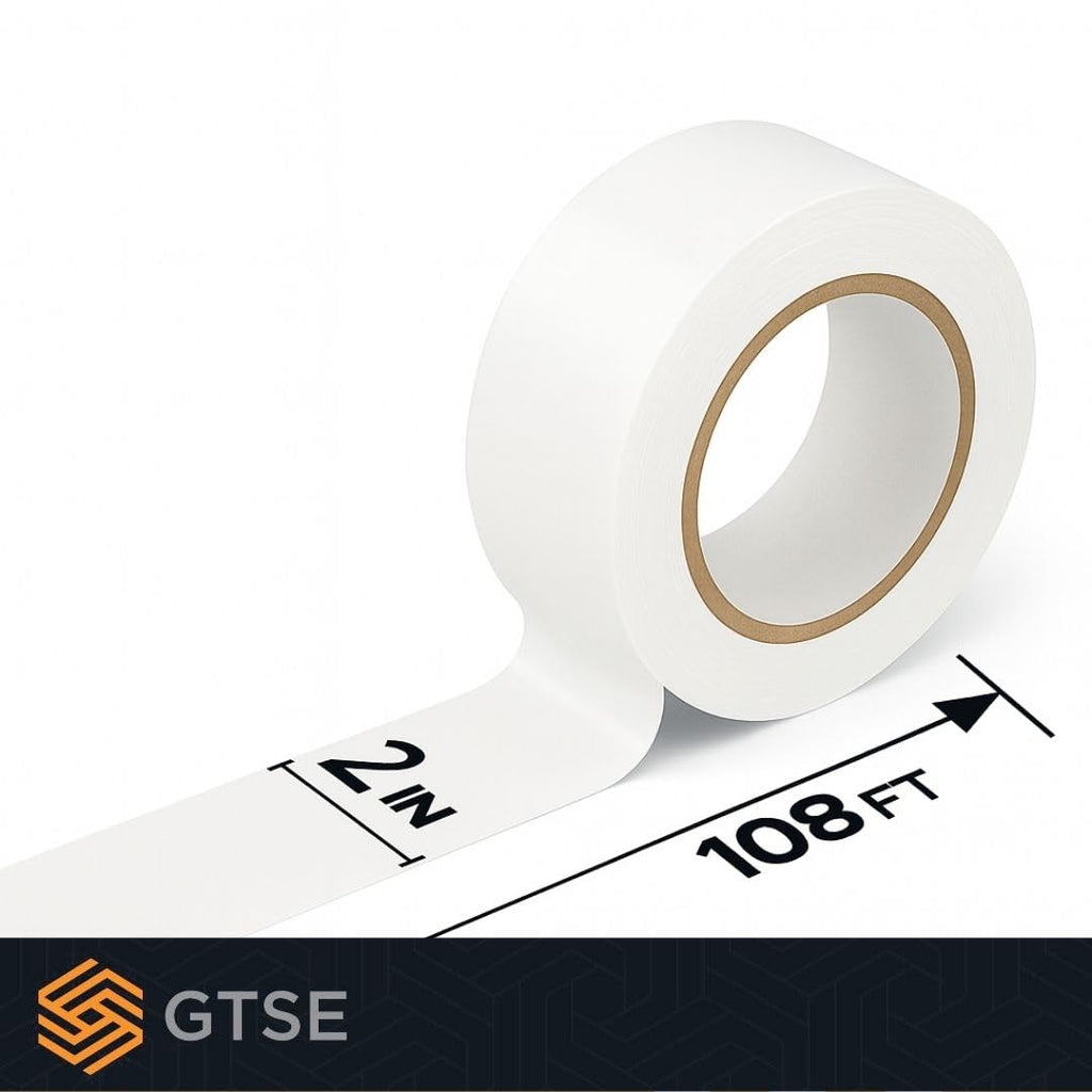 GTSE 2 inch x 108 ft White PVC Vinyl Floor Tape, Safety Marking Tape, 6 mil Thick, Suitable for Dance Floors, Gyms, Warehouses, Sports Facilities