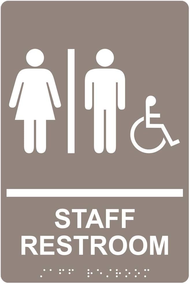 ComplianceSigns.com Staff Restroom Sign, ADA-Compliant Braille and Raised Letters, 9x6 in. White on Taupe Acrylic with Adhesive Mounting Strips
