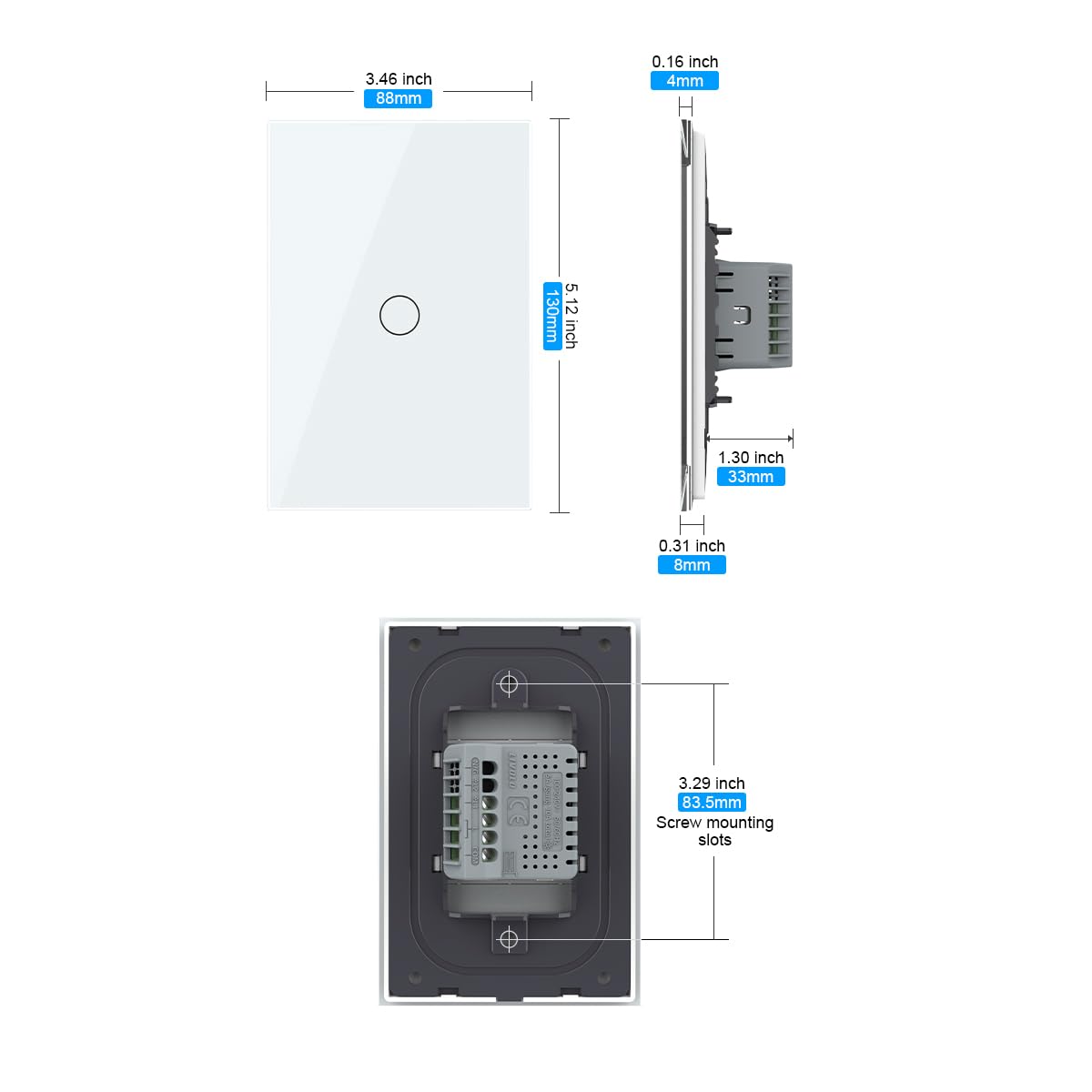 LIVOLO Modern Electrical Wall Light Switch 1Gang Tempered Glass Panel 2 Pole Wall Touch Light Switch with Led Indicator,No Neutral Wire 3Way (1Gang White)