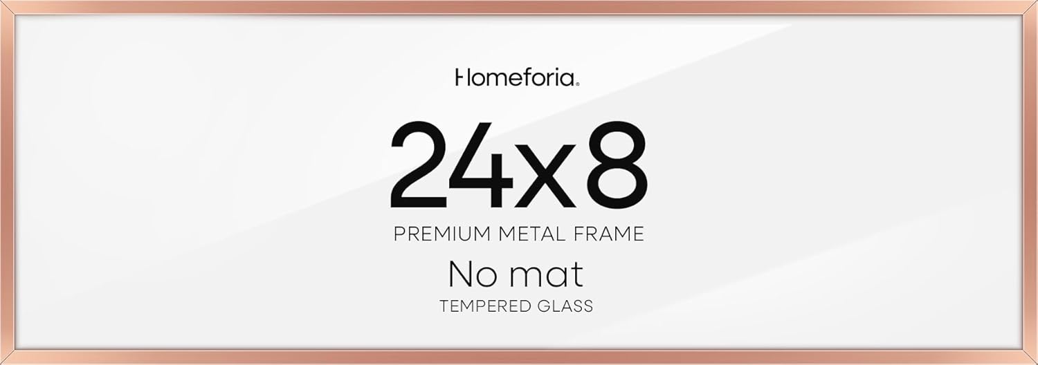Homeforia 8x24 Panoramic Frame Rose Gold, High End Metal 8 x 24 Picture Frames without Mat, 24x8 Hanging Rose Gold Poster Frames for Wall, 8by24 Display Photo Frame, Tempered Glass, Wall Kit, Set of 1