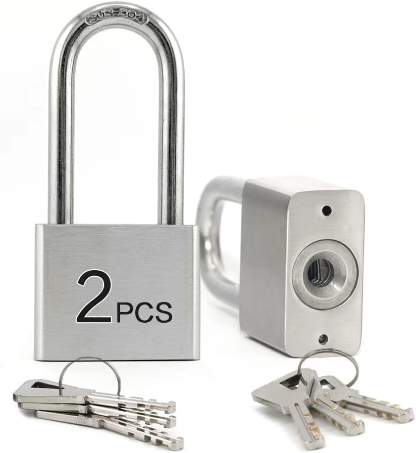 Lanube 304 Stainless Steel keyed Alike Marine Small Padlocks for Outdoor use, 1-9/16 inch Wide Body, Stainless Steel Body Long Shackle, Pack of 2