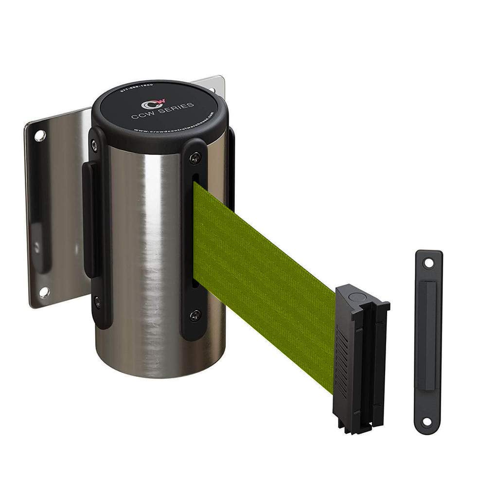 Crowd Control Warehouse - CCW Series WMB-120 Fixed Wall Mount Retractable Belt Barrier - 11 Foot, Olive Belt with Stainless Steel Case